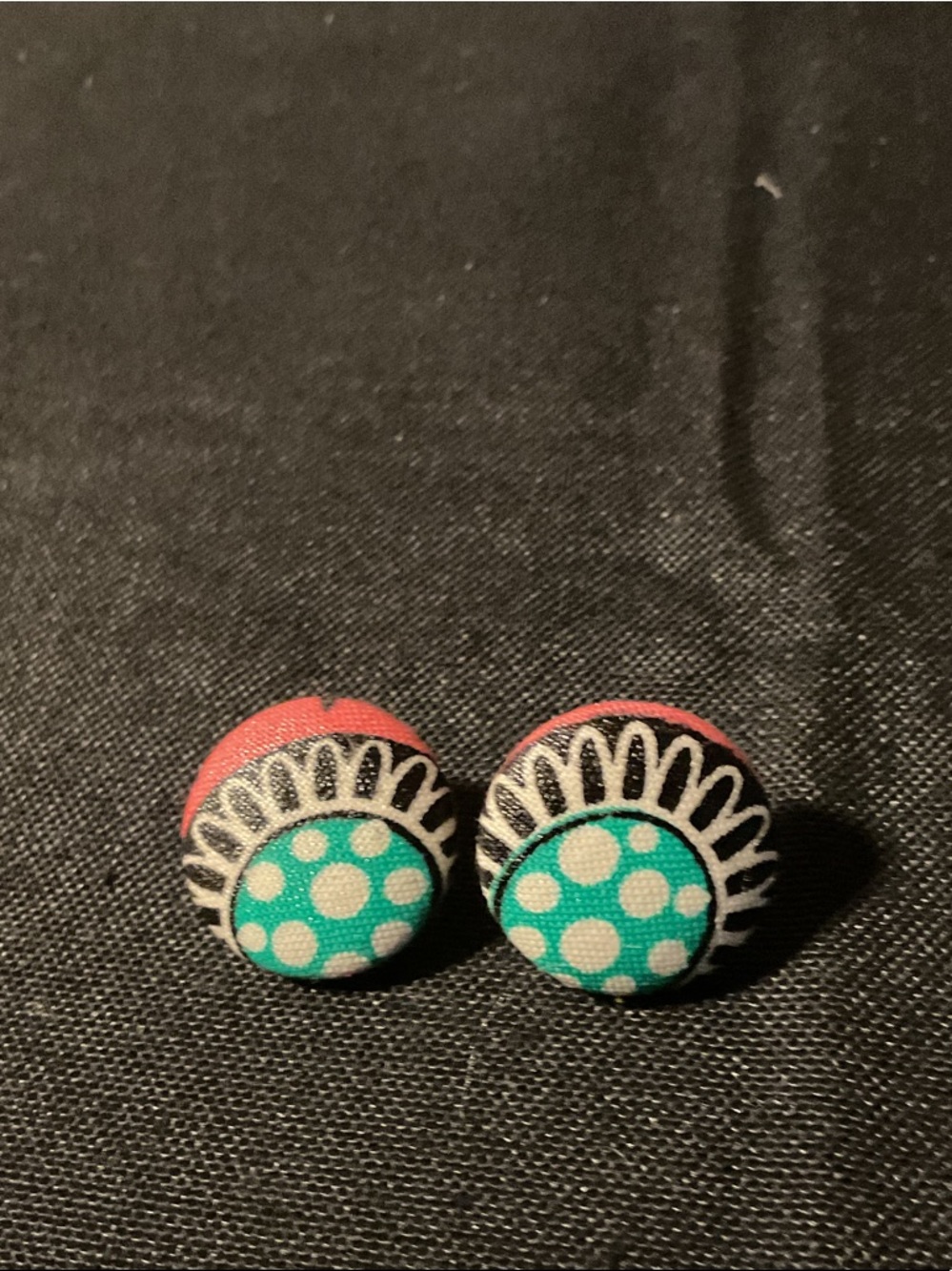 Handmade Polka Dot Fabric Button Earrings - Teal & Coral